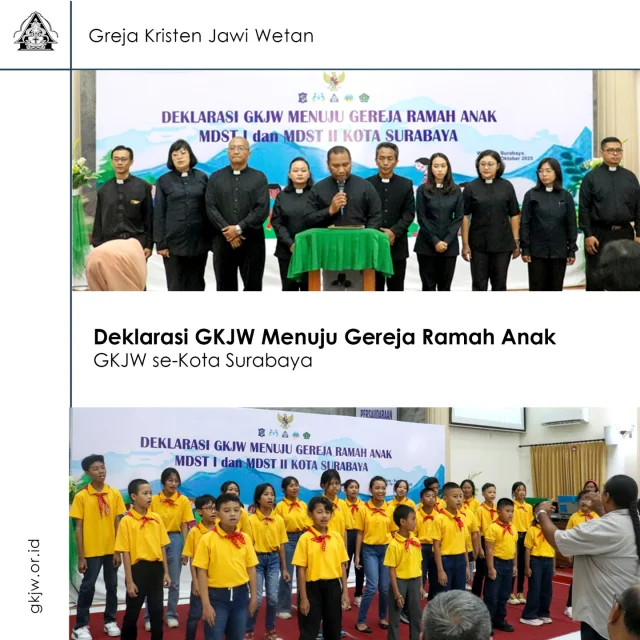 Greja Kristen Jawi Wetan se-lingkup Kota Surabaya yang tergabung dalam Majelis Daerah Surabaya Timur I dan II (MDST I & MDST II) menyatakan keseriusan komitmennya dalam upaya melindungi dan memperhatikan hak-hak warga anak di tengah-tengah Jemaat. Keseriusan komitmen itu dibuktikan dengan dilaksanakannya kegiatan “Deklarasi GKJW Menuju Gereja Ramah Anak” Acara bersejarah ini dilangsungkan di GKJW Jemaat Wiyung pada Sabtu, 18 Oktober 2025.
Selengkapnya di https://gkjw.or.id
Berita Pdt. Yudhi Heri
Foto: Multimedia GKJW Jemaat Wiyung.
@kpardmdst1 
@kpar_gkjw_surabaya 
@gkjw.wiyung