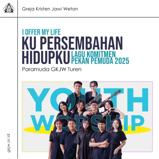 Lagu "Ku Persembahan Hidupku" merupakan pop rohani, lagu terjemahan dari lagu I Offer My Life Cipt. Don Moen dan Claire Cloninger. Lagu ini dinyanyikan oleh pemuda-pemudi GKJW Turen sebagai Lagu Komitmen pada Pekan Pemuda 2025.
Lagu ini mengungkapkan kerinduan orang percaya untuk menyerahkan seluruh aspek kehidupannya kepada Tuhan Allah. Ia mengakui bahwa semua yang ia miliki adalah anugerah Tuhan semata. Karena itu, ia mau mempersembahkan hidupnya bagi kemuliaan Tuhan.
Lagu ini dinyanyikan sebagai lagu komitmen pada Pekan Pemuda GKJW, yang dinyanyikan setelah pengucapan Ikrar dan Janji Pemuda GKJW.
Kiranya lagu ini senantiasa meneguhkan kita untuk semakin setia dalam Tuhan dan mau mempersembahkan hidup kita bagi kemuliaan Tuhan.
Lagu "Ku Persembahan Hidupku" dapat diakses di https://gkjw.or.id
#gkjw
@gkjw.turen
@paramudagkjwturen