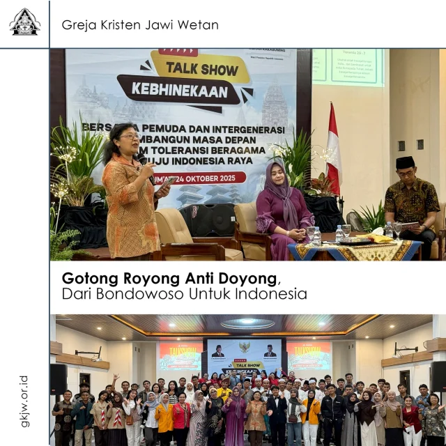 Doa dan harapan baik tidak hanya diungkapkan dan dilangitkan melalui ritual-ritual formal kebanyakan. Setiap langkah hidup yang kita tapaki juga senantiasa mengandung harap dan doa. Justru, di sanalah terangkai doa yang nyata; doa yang di dalamnya ada langkah untuk terus mengupayakan perwujudnyataannya di tengah dunia. Salah satunya adalah menyalakan harapan baik bagi masa depan bangsa.
Dalam rangka mewadahi suasana mengeluarga dan semangat saling bertumbuh itulah, pada Jumat, 24 Oktober 2025, Komisi Antar Umat (KAUM) bersama Komis Pembinaan Pemuda dan Mahasiswa (KPPM) GKJW Jemaat Bondowoso menggelar Talkshow Kebhinnekaan dengan tajuk “Bersama Pemuda dan Intergenerasi Membangun Masa Depan dalam Toleransi Beragama Menuju Indonesia Raya”. Kegiatan ini melibatkan sebagian besar muda-mudi Bondowoso dari berbagai unsur pendidikan, agama, dan komunitas. Mengingatkan pentingnya para generasi penerus bangsa untuk terus memiliki semangat merawat keberagaman dalam perbedaan. Salah satu keberagaman itu juga hadir dalam wajah agama dan kepercayaan.
Berita lengkap di https://gkjw.or.id
@gkjw.bondowoso 
#gkjw 
#dialogkebangsaan