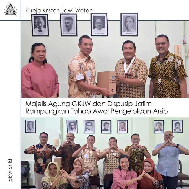 Sebagai langkah nyata dalam memberlakukan Pedoman Tata Kelola Kearsipan, Majelis Agung Greja Kristen Jawi Wetan (MA GKJW) berkolaborasi dengan Dinas Perpustakaan dan Kearsipan (Dispusip) Provinsi Jawa Timur untuk menyelamatkan arsip bersejarah gereja yang berpotensi menjadi Memori Kolektif Bangsa (MKB). Selain didasarkan pada tujuan tindak lanjut pedoman tersebut, kolaborasi ini juga sejalan dengan amanat Undang-undang Nomor 43 Tahun 2009 tentang Kearsipan, yang bertujuan menjamin keselamatan, ketersediaan arsip yang autentik dan terpercaya, serta peningkatan layanan publik.
​
​Pihak Dispusip memandang Majelis Agung GKJW yang merupakan lembaga gerejawi yang menaungi serta bertanggung jawab atas seluruh pelayanan Jemaat-Jemaat GKJW di Jawa Timur, memiliki ribuan dokumen dan catatan penting yang merefleksikan perjalanan sejarah gereja dan kehidupan masyarakat Jawa Timur dari masa ke masa. 
​Setelah menjalankam tugas panggilannya selama kurang lebih empat bulan lamanya (terhitung sejak bulan Agustus s/d November 2025), tahap awal dari pendataan, pengamanan, dan penyelamatan aset telah bethasil dirampungkan. Dan sebagai penanda selesainya tahap awal ini, secara simbolis, pada hari Jumat, 14 November 2025, di hadapan Pdt. Natael Hermawan Prianto (Ketua), Pdt. Kristanto (Wakil Sekretaris Umum), Pdt. Dikky Agung Triatmojo (Staf IPTh. Balewiyata), dan Pdt. Yosep Endro Prasetyo (Humas) MA GKJW, pihak Dinas Perpustakaan dan Kearsiapkan menyerahkan berkas yang sudah dirapikan, ditata ulang, serta diselamatkan. (humas)
#gkjw
