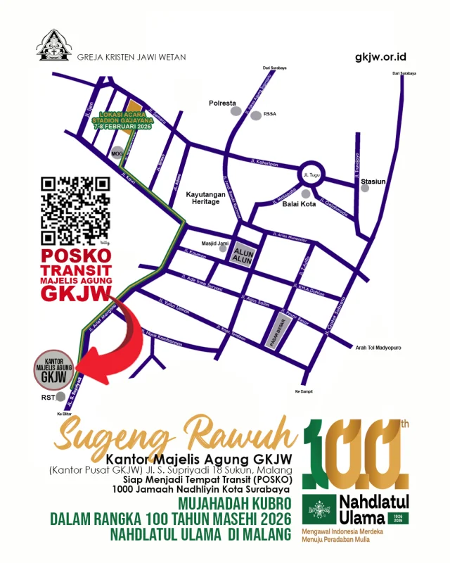 Kota Malang pada awal bulan Februari ini akan lebih ramai dari biasanya. Ratusan ribu saudara kita Nahdliyin diperkirakan akan datang untuk memperingati Hari Lahir (Harlah) Nahdlatul Ulama pada 7-8 Februari 2026 di Stadion Gajayana, Kota Malang.

Kantor Majelis Agung Greja Kristen Jawi Wetan di Jl. S. Supriyadi, Sukun, Malang turut ambil bagian menyambut dan menjadi tempat transit (POSKO) bagi saudara Nadhliyin dari Kota Surabaya dan sekitarnya.

Dengan penuh sukacita, semangat kebersamaan dan toleransi, segenap warga Greja Kristen Jawi Wetan, menyambut kehadiran saudara-saudari Nahdliyin yang akan memeperingati hari bersejarah ini.

Sugeng Rawuh di Kota Malang..

@pcnu.surabaya 
@nahdlatululama 
@nuonline_id 
#gkjw
#harlahnu100masehi 
#gkjw