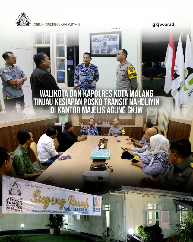 Dalam rangka meninjau kesiapan menjadi tempat transit bagi para Nahdliyin yang akan mengikuti peringatan 100 tahun hari lahir Nahdlatul Ulama, Walikota: Dr. Ir. H. Wahyu Hidayat M.M, Kapolresta Malang: Kombes Pol. Putu Kholis Aryana, S.I.K, dan Dinas Perhubungan Kota Malang mengunjungi Kantor Majelis Agung GKJW pada Jumat, 6 Februari 2026.

Kehadiran rombongan disambut langsung oleh Pelayan Harian Majelis Agung bersama dengan beberapa pendeta tugas khusus di kantor Majelis Agung. 

Walikota Malang pun menyampaikan apresiasinya atas kesiapan area kantor MA GKJW menjadi tempat transit bagi para Nahdliyin Nahdlatul Ulama yang akan merayakan momen istimewa ini. 

Demikian pula dengan Ketua Majelis Agung, Pdt. Natael Hermawan yang mengungkapkan rasa sukacitanya atas kepercayaan yang diberikan, di mana kantor Majelis Agung dapat turut ambil bagian dalam menyambut momen istimewa 1 abad harlah Nahdlatul Ulama di Kota Malang.

#gkjw
@pemkotmalang