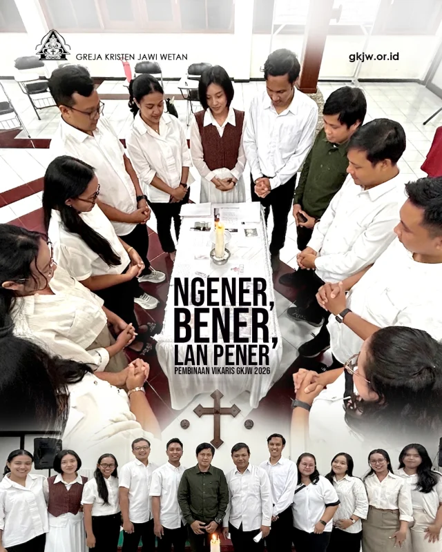 Di tengah tantangan zaman yang penuh ketidakpastian dan kecemasan—atau yang sering disebut sebagai liquid modernity—gereja terus berupaya membekali para calon pelayannya dengan fondasi yang kokoh. 

Sejak Selasa-Kamis, 5-7 Mei 2026, sebanyak 12 orang Vikar mengikuti pembinaan intensif bertajuk "Pangon: Ngener, Bener, lan Pener" yang dipusatkan di Kapel dan Pendapa Atas Kantor Majelis Agung GKJW. 

Para peserta yang terdiri dari Vik. Ananda Teresia Cahya Putri, Vik. Yefta Bagus Nugraha, Andreas Kristiyanto, Vik. Mettania Putri Prasasti, Vik. Prabandari Puspitaning Rahardiani, Vik. Innov Karenhapukh, Vik. Ferehs Mulia Wati, Vik. Widya Wahyu Agustin, Vik. Joko Ardiansah, Vik. Yulius Hari Prianto, hingga Vik. Yunita Sania Putri, diajak untuk merefleksikan kembali fungsi penggembalaan agar tidak hanya menjadi simbol, melainkan benar-benar teruji dan berakar di tengah situasi yang volatil dan kontekstual dengan kondisi GKJW saat ini.(humas)

Berita lengkap di https://gkjw.or.id