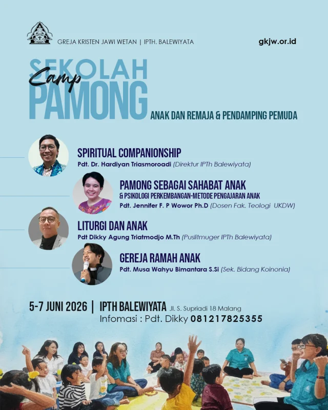Sekolah Pamong Anak & Remaja akan diadakan pada 5-6 Juni 2026 di IPTh Balewiyata

Informasi lebih lanjut hubungi : Pdt. Dikky di 081217825355

Sesi: “Spiritual Companionship” oleh Pdt. Dr. Hardiyan Triasmoroadi. 

Sebagai bagian dari keluarga Allah, pamong anak dan remaja memiliki tanggung jawab untuk mengikuti jejak Allah Trinitas dalam menghadirkan kehangatan persekutuan yang saling mencintai dan memercayai di tengah dunia yang dikepung derita yang menyebabkan luka dan trauma. Melalui sesi ini, para pamong akan dimbimbing untuk mengetahui kerangka konseptual spiritual companionship, mempraktekkannya sebagai upaya menyahabati sesame yang terluka, dan merancang spiritual companionship untuk konteks jemaat. 

Sesi : “Pamong sebagai Sahabat Anak” & Psikologi Perkembangan-Metode Pengajaran Anak oleh Pdt. Jennifer F.P 
Wowor. 

Persahabatan dengan anak adalah relasi dua arah, maka mendengarkan suara anak termasuk penyandang disabilitas merupakan hal yang esensial di dalam pelayanan. Melalui sesi ini, para pamong akan diajak untuk memahami pentingnya menyahabati anak termasuk penyandang disabilitas, dan menggagas metode pengajaran yang tepat bagi pelayanan anak di masa kini berdasarkan kajian psikologi perkembangan anak.

Sesi: “Liturgi dan Anak” oleh Pdt Dikky A.T 

Liturgi selalu bersifat pastoral. Artinya, setiap unsur yang menjadi bagian dari liturgi selalu bersifat menopang, menguatkan, dan menyembuhkan. Dalam sesi ini para pamong akan diajak untuk memerhatikan hal-hal yang dibutuhkan dalam mendesain liturgi bagi anak-anak, termasuk anak berkebutuhan khusus)

Sesi: “Gereja Ramah Anak” oleh Pdt. Musa W.B

Gereja yang sejati adalah gereja yang memerhatikan sesama dan warga jemaat dengan segenap hati. Kendati faktanya, gereja kadang abai dengan keberadaan anak. Secara salah kaprah gereja hanya dipahami sebagai tempat kebaktian dan tempat berkumpul orang dewasa. Konsekuensinya anak terpinggirkan. Dalam sesi ini, para pamong akan diajak merefleksikan apa, mengapa, dan bagaimanakah mewujudkan gereja ramah anak.