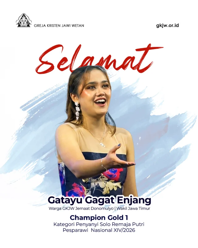 Kabar sukacita dan kebanggaan luar biasa datang dari Timur Indonesia bagi segenap keluarga besar Greja Kristen Jawi Wetan (GKJW). Salah satu pemudi terbaik dari GKJW Jemaat Donomulyo – Majelis Daerah Malang I, Gatayu Gagat Enjang, baru saja sukses mengharumkan nama keluarga, gereja, dan Provinsi Jawa Timur di gelaran Pesta Paduan Suara Gerejawi (Pesparawi) tingkat nasional.

Berita lengkap di https://gkjw.or.id

@kppm_donomulyo 
@gkjw_donomulyo