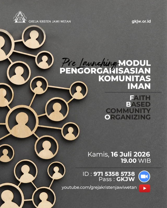 Bagaimanakah komunitas beriman dapat hadir di tengah konteks keprihatinan sosial?
 
Dalam rangka meresponsnya, Balewiyata mengajak majelis jemaat untuk serius membaca konteks, berefleksi secara iman, menghidupi spiritulitas pembebasan, dan bergerak bersama demi menghadirkan keadilan, pembebasan, serta pengharapan yang berangkat dari pinggiran (mission from the margin). 

Mari menggumulinya bersama-sama dalam lauching modul pengorganisasian komunitas iman (faith-based community organizing) yang diselenggarakan secara online pada hari Kamis 16 Juli 2026, pkl. 19.00 WIB melalui zoom meeting

ID Rapat: 971 5358 5738
Kode Sandi: GKJW

Live di kanal Youtube GKJW
