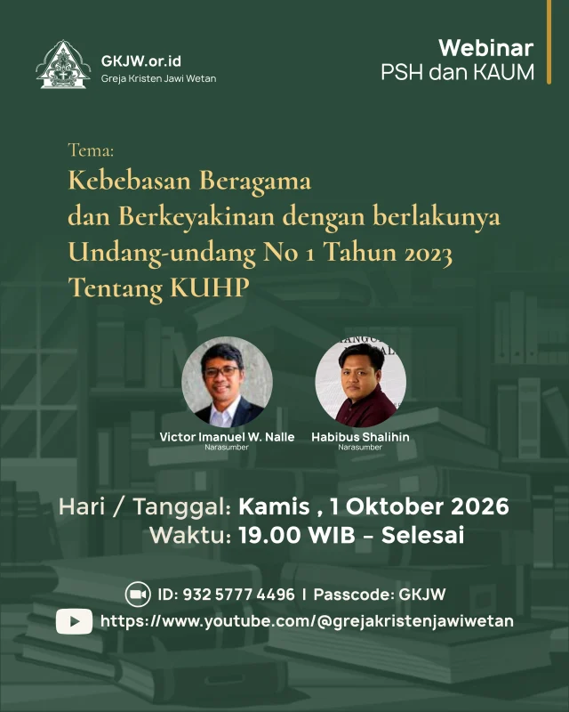 Kebebasan beragama dan berkeyakinan merupakan hak asasi manusia yang bersifat mendasar (inviolable right) yang dijamin oleh Pasal 28E dan Pasal 29 Undang-Undang Dasar Negara Republik Indonesia Tahun 1945. Sebagai negara yang berlandaskan Pancasila, Indonesia wajib memberikan perlindungan hukum bagi setiap warga negara untuk memeluk dan beribadah 
sesuai dengan agamanya masing-masing.
Dengan disahkannya Undang-Undang Nomor 1 Tahun 2023 tentang Kitab Undang-Undang Hukum Pidana (KUHP Baru), terdapat beberapa pembaruan hukum, khususnya mengenai tindak pidana terhadap agama, kepercayaan, dan kehidupan beragama (Bab VII). Ketentuanketentuan baru ini menimbulkan berbagai ruang diskusi dan interpretasi hukum di masyarakat. 

Di satu sisi, undang-undang ini bertujuan menjaga harmoni sosial dan mencegah penodaan agama. Di sisi lain, muncul kekhawatiran dari para aktivis hak asasi manusia mengenai potensi 
kriminalisasi terhadap kebebasan berpendapat dan berkeyakinan.
Oleh karena itu, Kelompok Kerja Sadar Hukum Majelis Agung memandang perlu untuk menyelenggarakan WEBINAR guna mengkaji, mendiskusikan, dan memberikan pemahaman 
yang komprehensif mengenai batasan, perlindungan, serta penegakan hukum pidana terkait kebebasan beragama menurut KUHP di Indonesia.